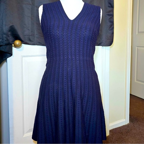 Kate Spade Navy Sleeveless Fit 2 Flare Dress Size Medium V Neck Black Stripe EUC - Picture 1 of 5